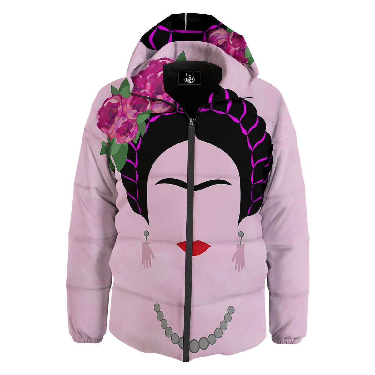 Pink Flower And Frida Kahlo Print Down Jacket-grizzshop
