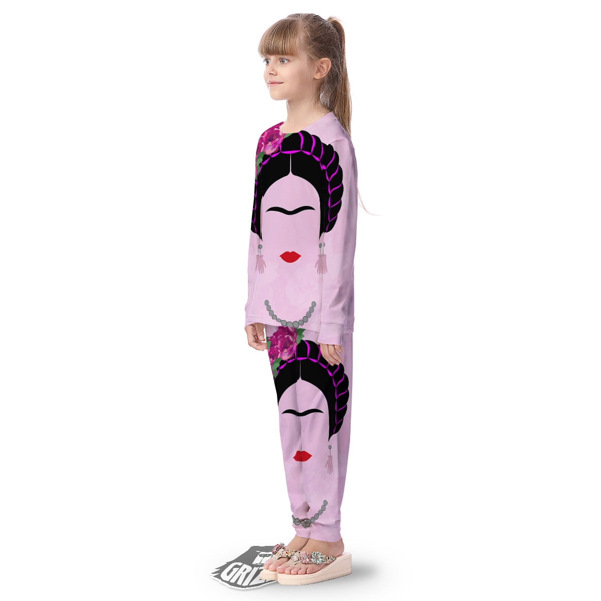 Pink Flower And Frida Kahlo Print Kid's Pajamas-grizzshop