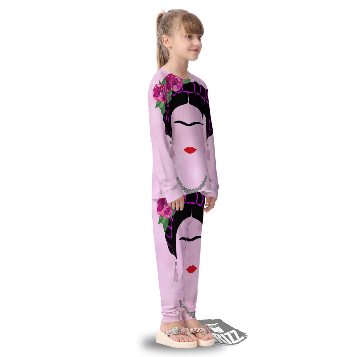 Pink Flower And Frida Kahlo Print Kid's Pajamas-grizzshop