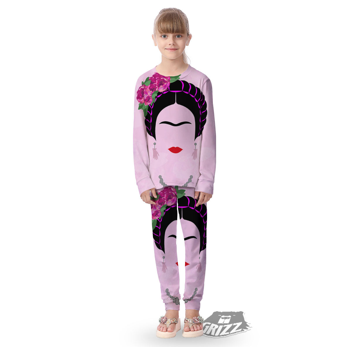 Pink Flower And Frida Kahlo Print Kid's Pajamas-grizzshop