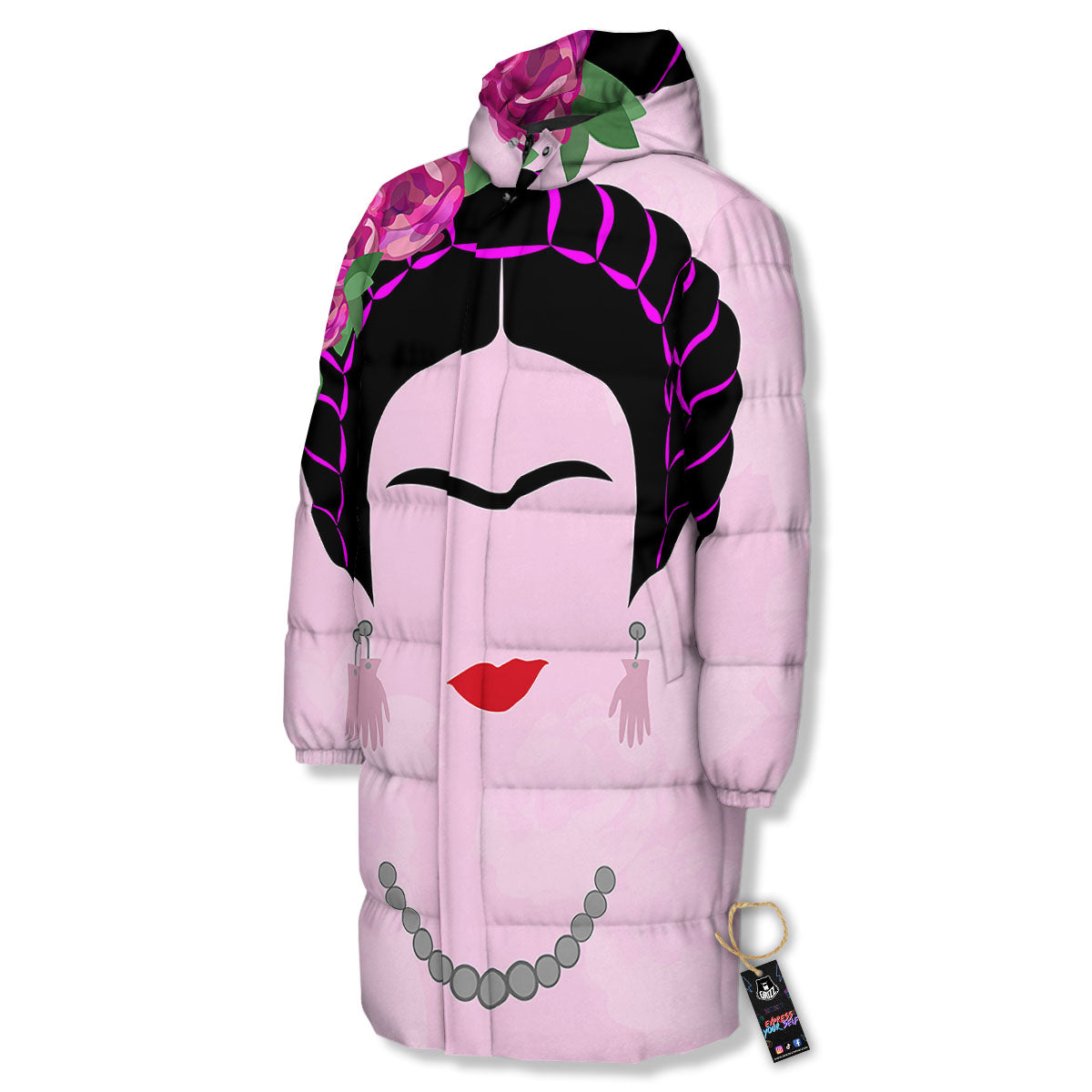Pink Flower And Frida Kahlo Print Long Down Jacket-grizzshop