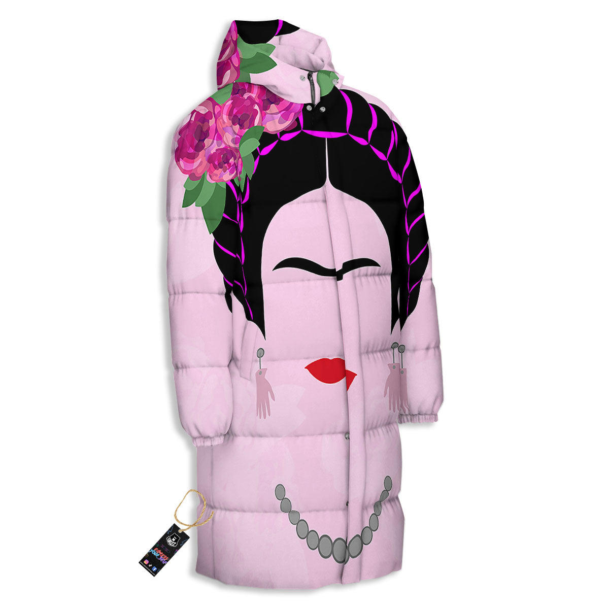 Pink Flower And Frida Kahlo Print Long Down Jacket-grizzshop