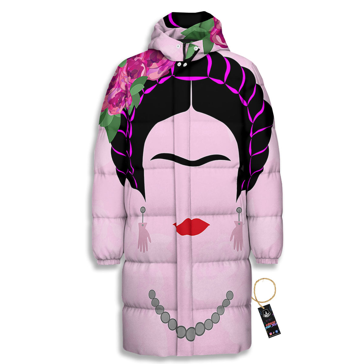 Pink Flower And Frida Kahlo Print Long Down Jacket-grizzshop