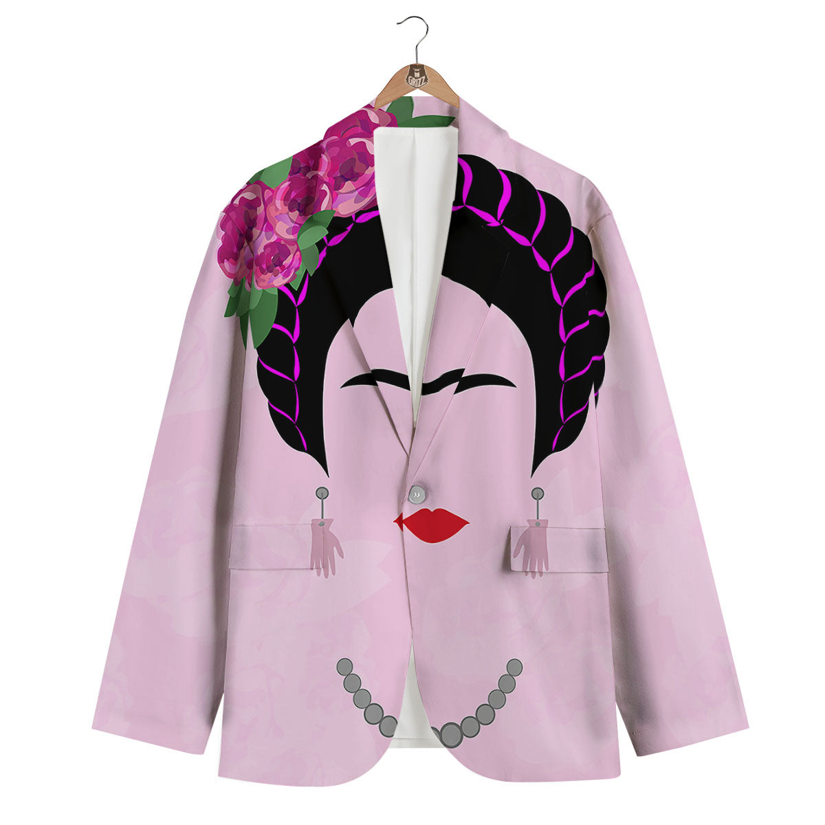 Pink Flower And Frida Kahlo Print Men's Blazer-grizzshop