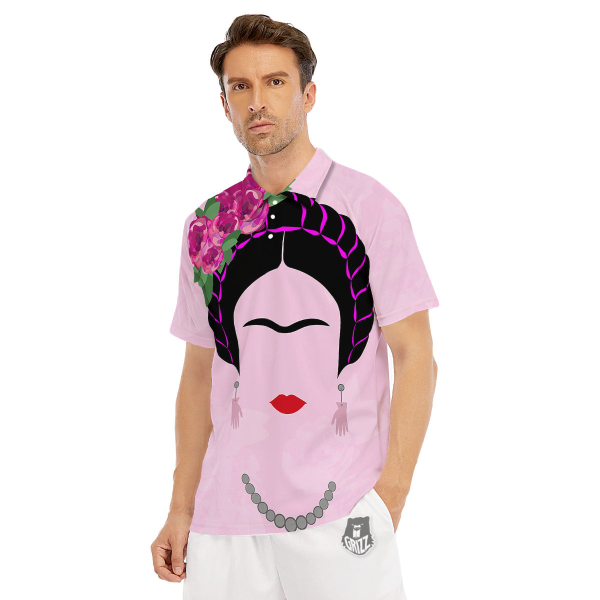 Pink Flower And Frida Kahlo Print Men's Golf Shirts-grizzshop
