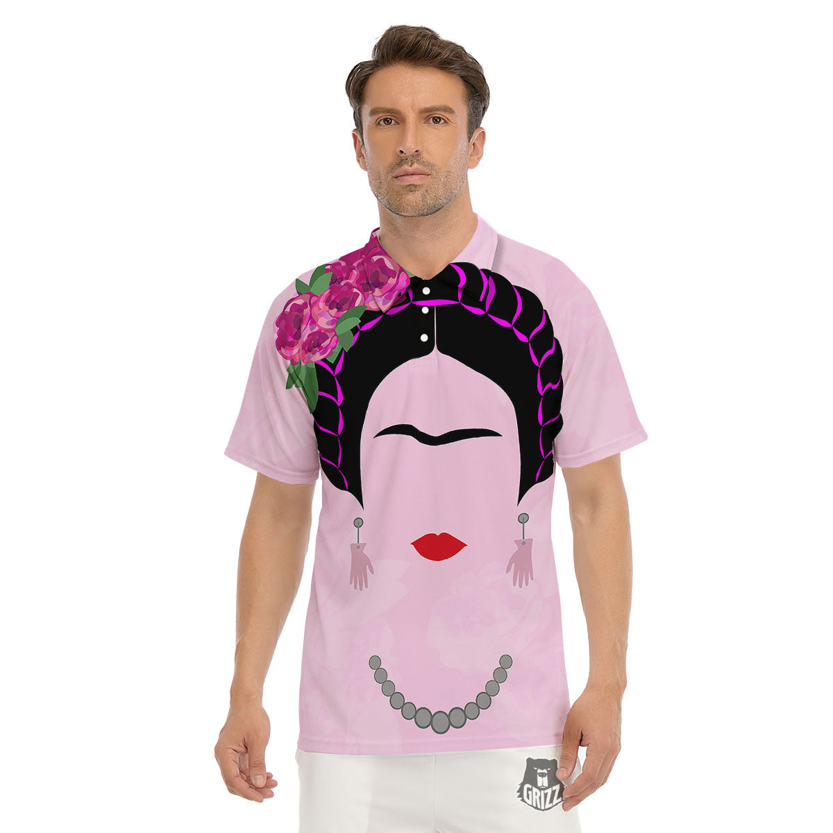 Pink Flower And Frida Kahlo Print Men's Golf Shirts-grizzshop