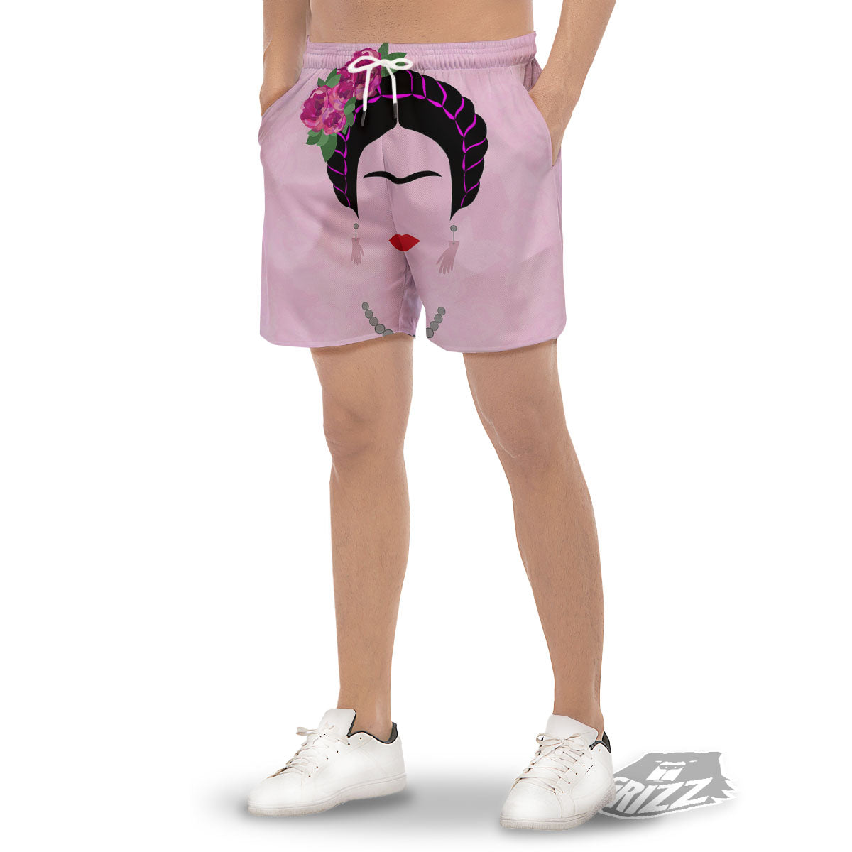Pink Flower And Frida Kahlo Print Men's Gym Shorts-grizzshop