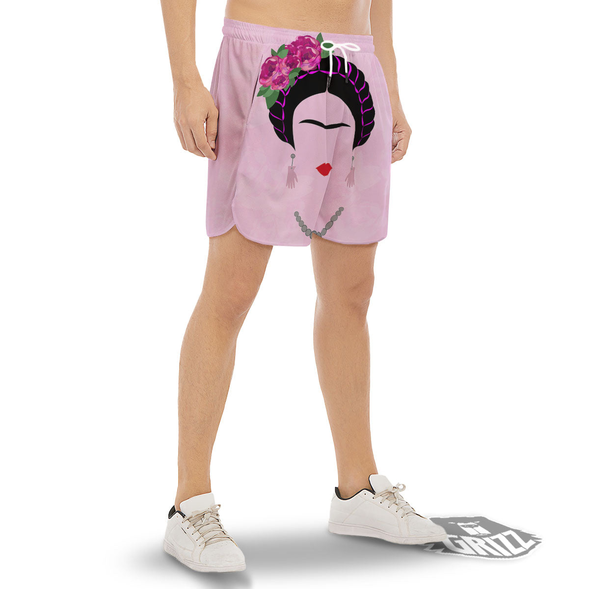 Pink Flower And Frida Kahlo Print Men's Gym Shorts-grizzshop