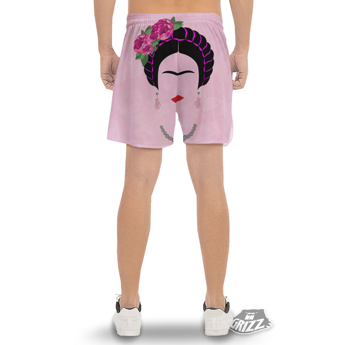 Pink Flower And Frida Kahlo Print Men's Gym Shorts-grizzshop
