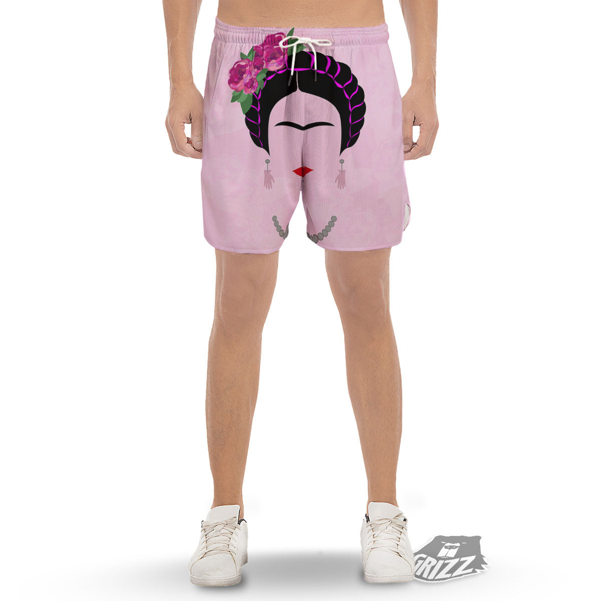 Pink Flower And Frida Kahlo Print Men's Gym Shorts-grizzshop