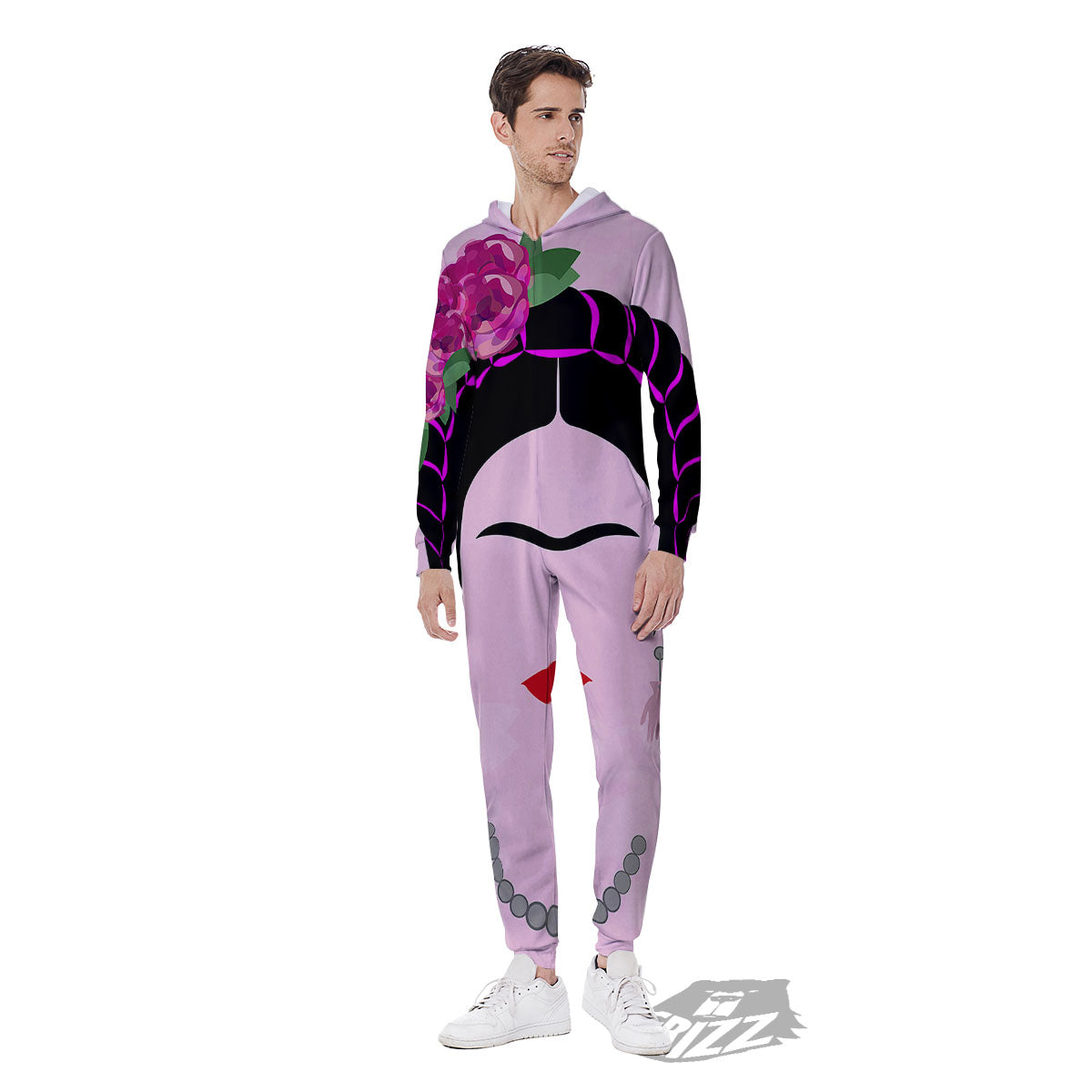 Pink Flower And Frida Kahlo Print Men's Jumpsuit-grizzshop