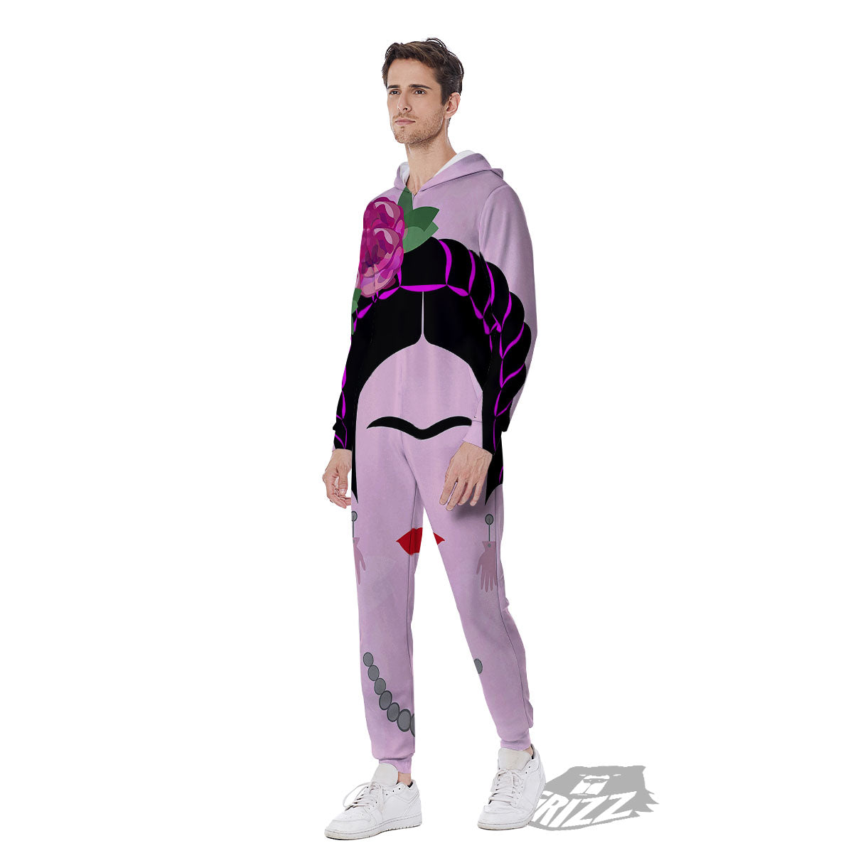Pink Flower And Frida Kahlo Print Men's Jumpsuit-grizzshop