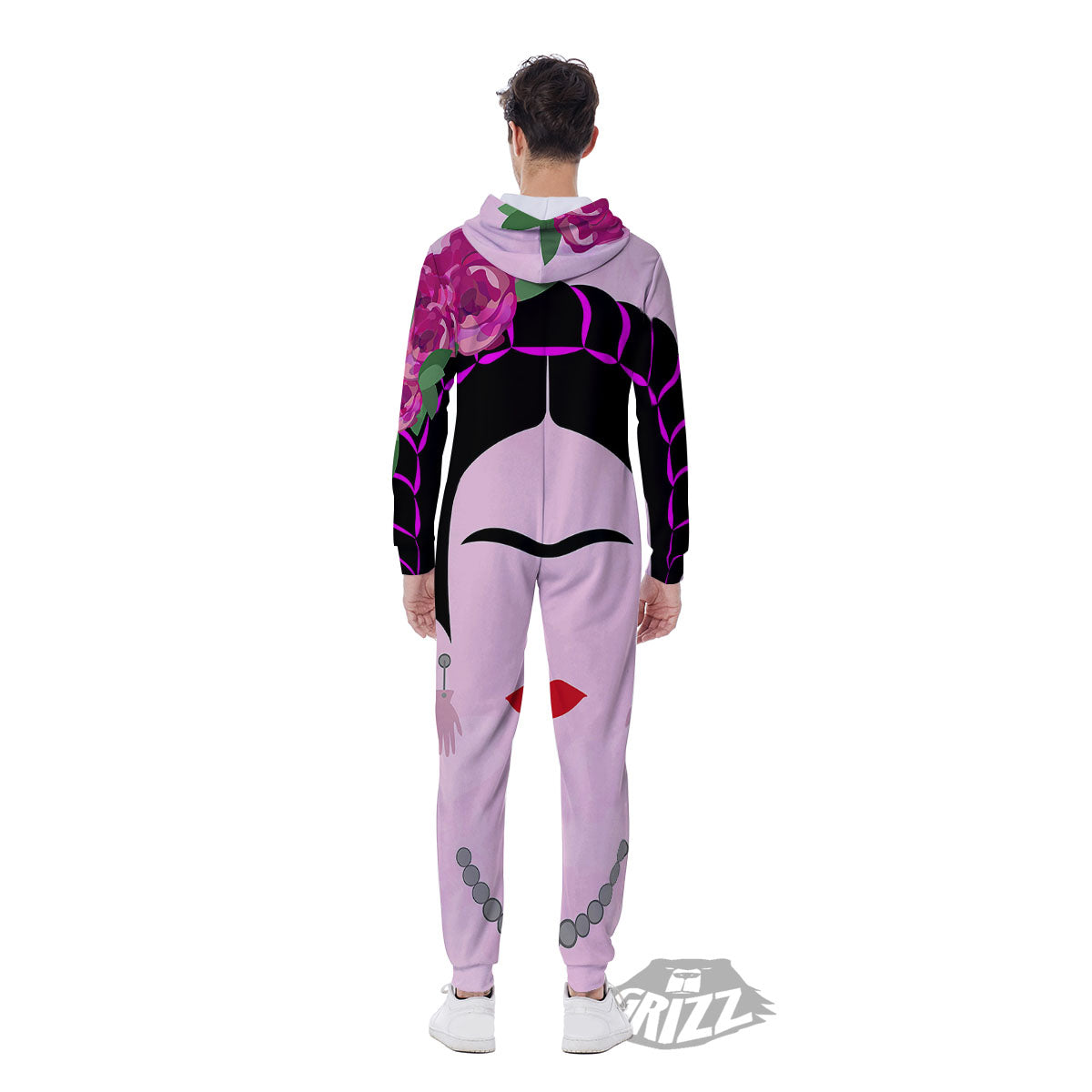 Pink Flower And Frida Kahlo Print Men's Jumpsuit-grizzshop