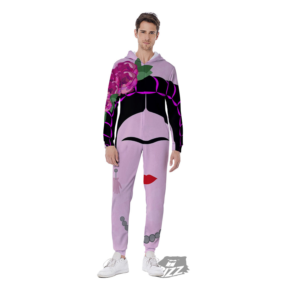 Pink Flower And Frida Kahlo Print Men's Jumpsuit-grizzshop