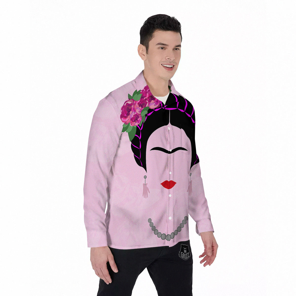 Pink Flower And Frida Kahlo Print Men's Long Sleeve Shirts-grizzshop