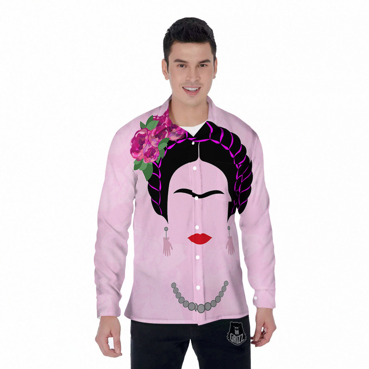 Pink Flower And Frida Kahlo Print Men's Long Sleeve Shirts-grizzshop