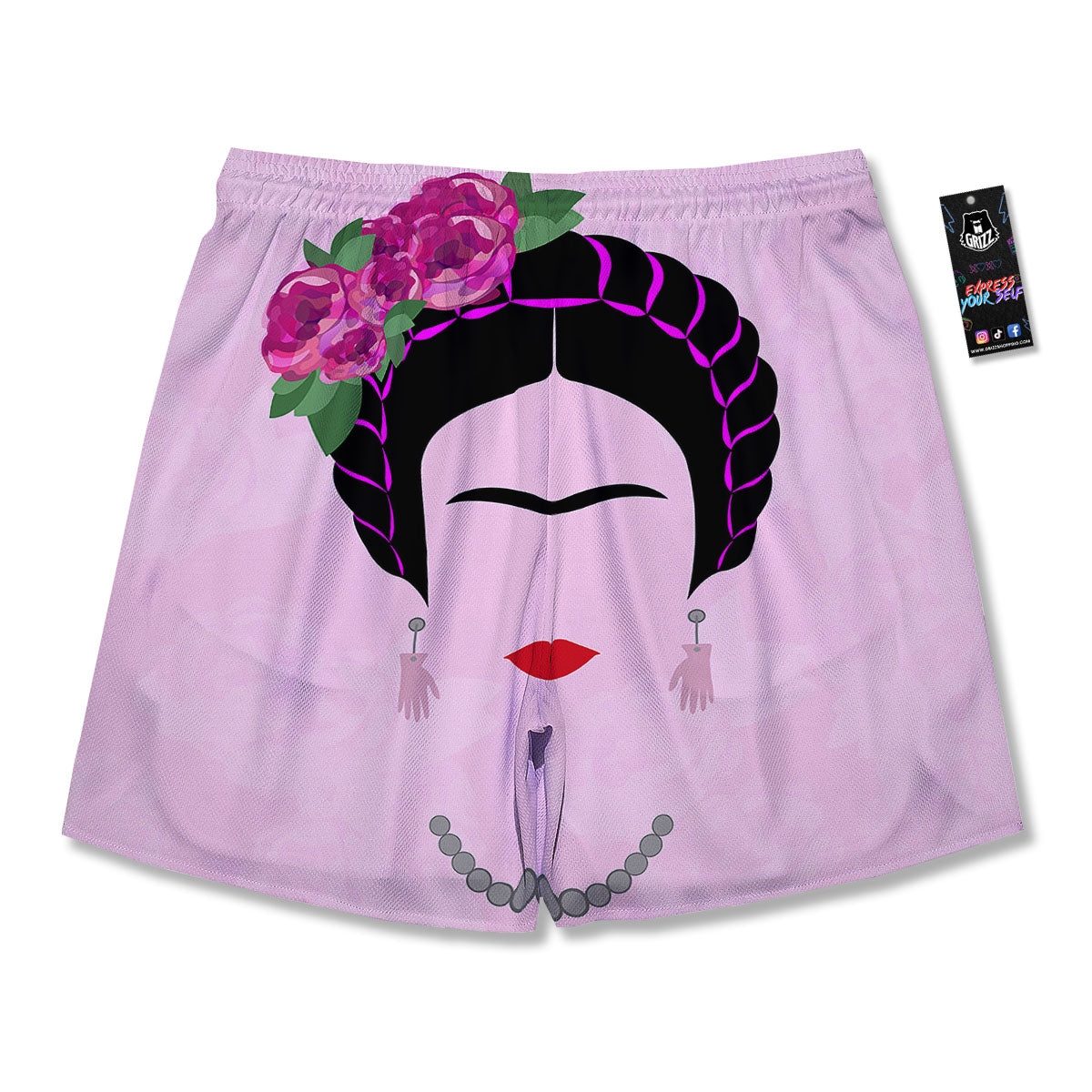 Pink Flower And Frida Kahlo Print Men's Running Shorts-grizzshop