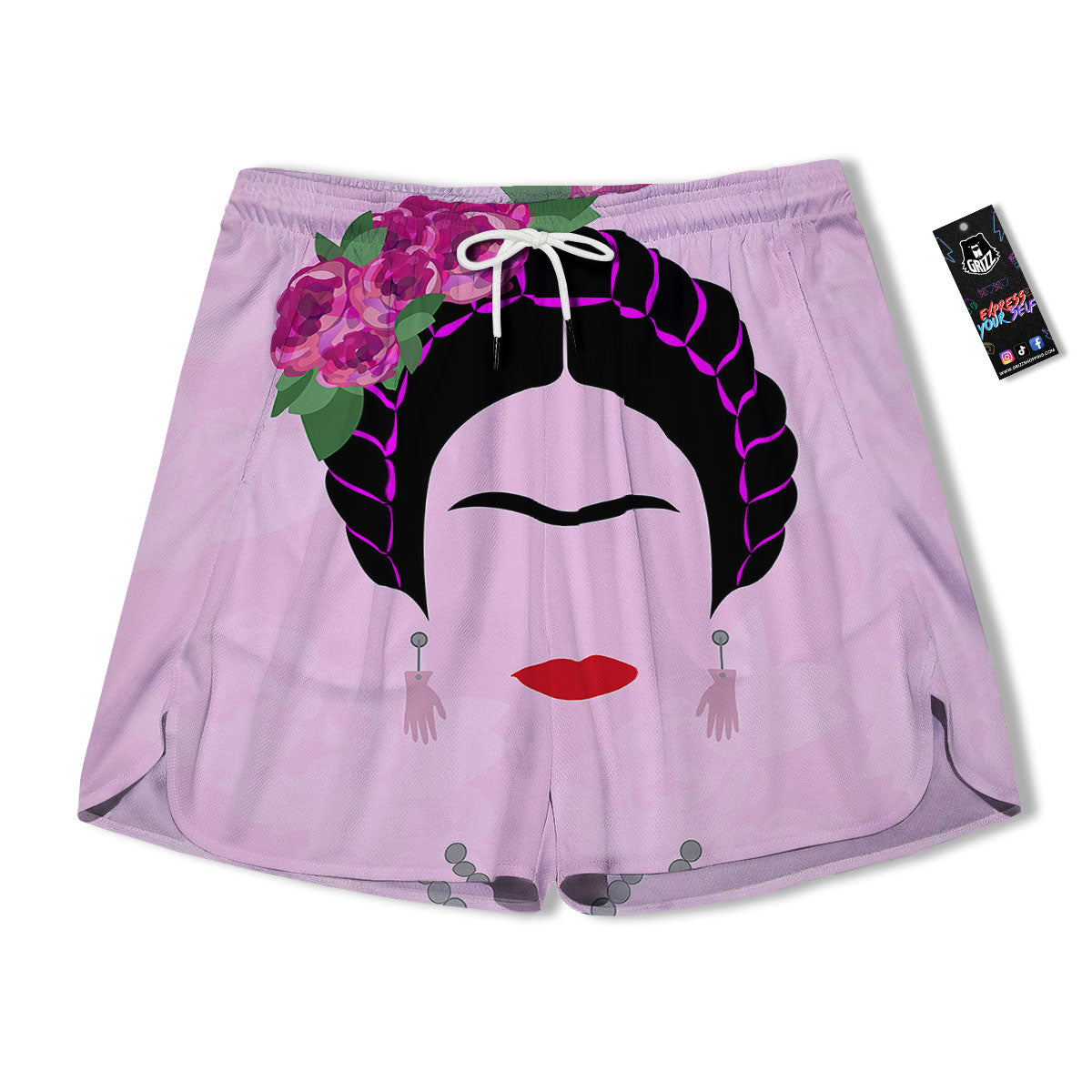 Pink Flower And Frida Kahlo Print Men's Running Shorts-grizzshop