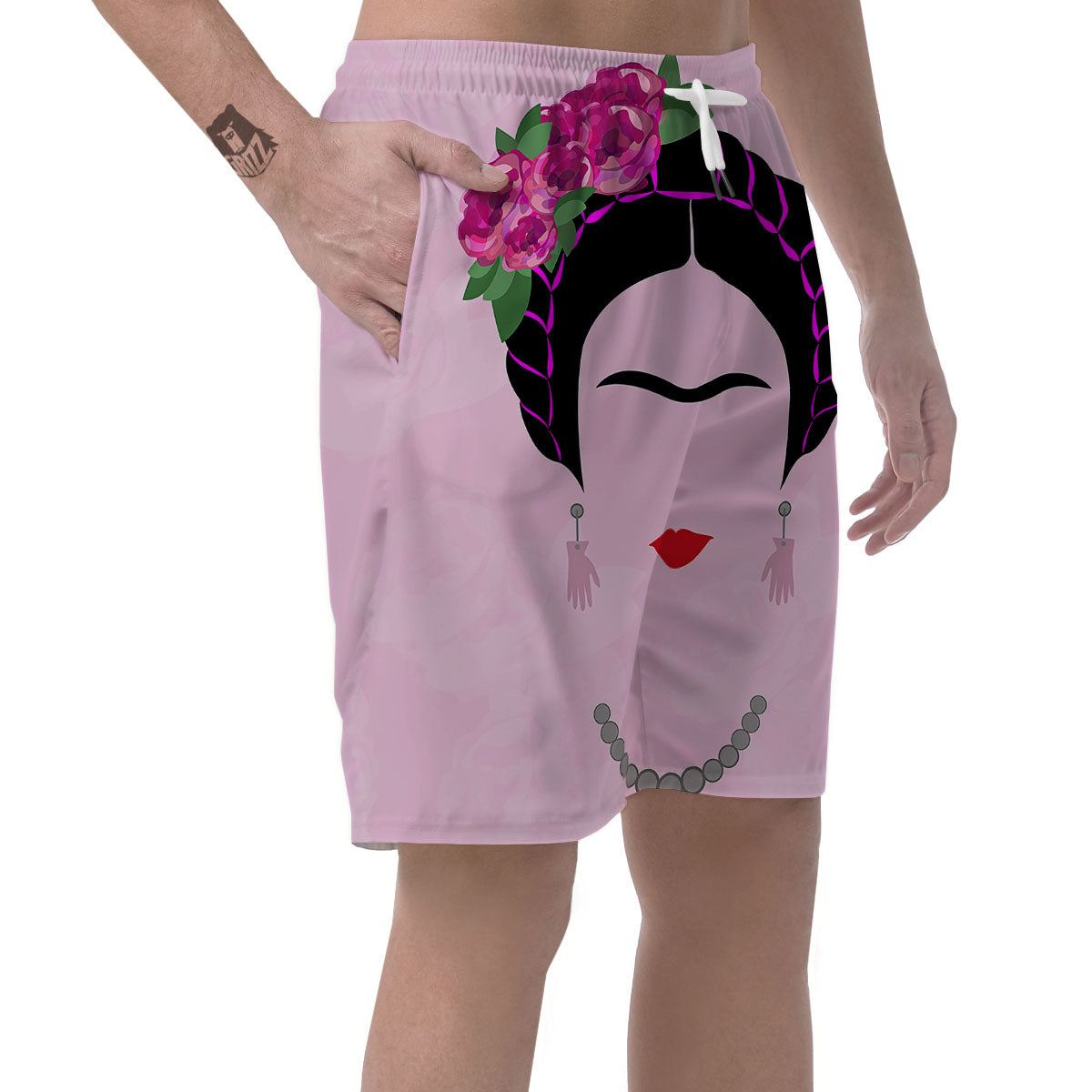 Pink Flower And Frida Kahlo Print Men's Shorts-grizzshop
