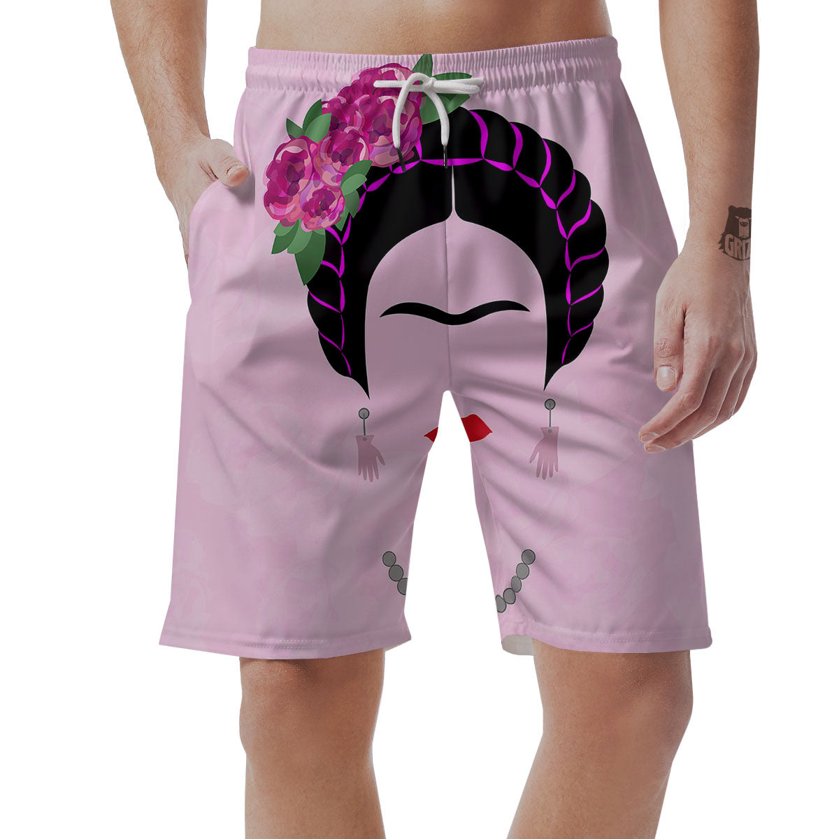 Pink Flower And Frida Kahlo Print Men's Shorts-grizzshop