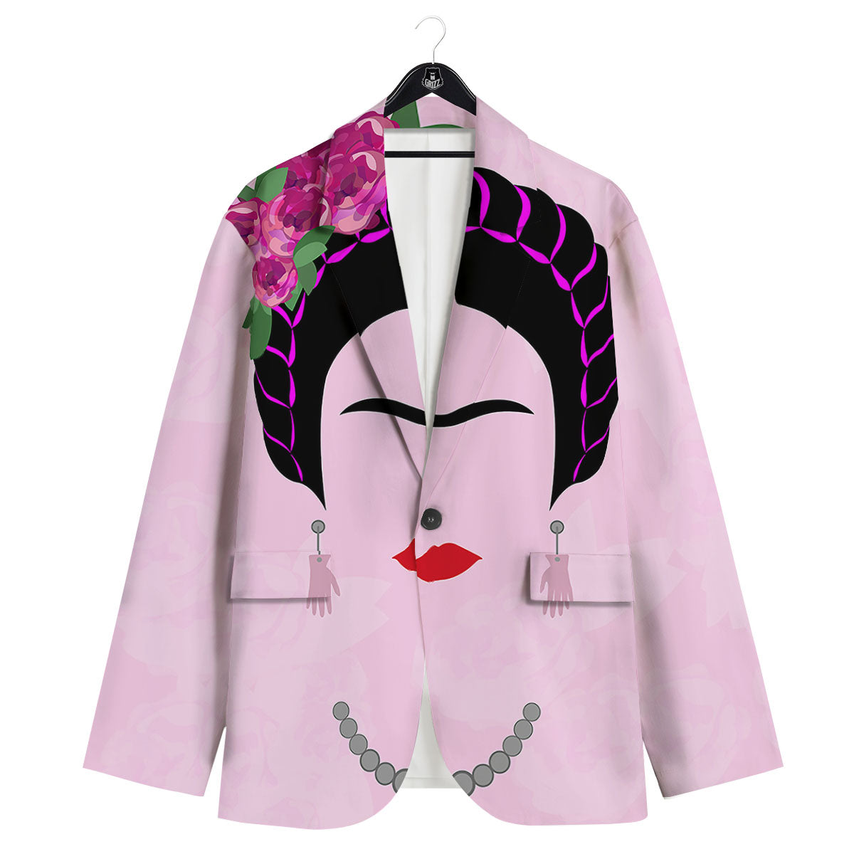 Pink Flower And Frida Kahlo Print Men's Sport Coat-grizzshop