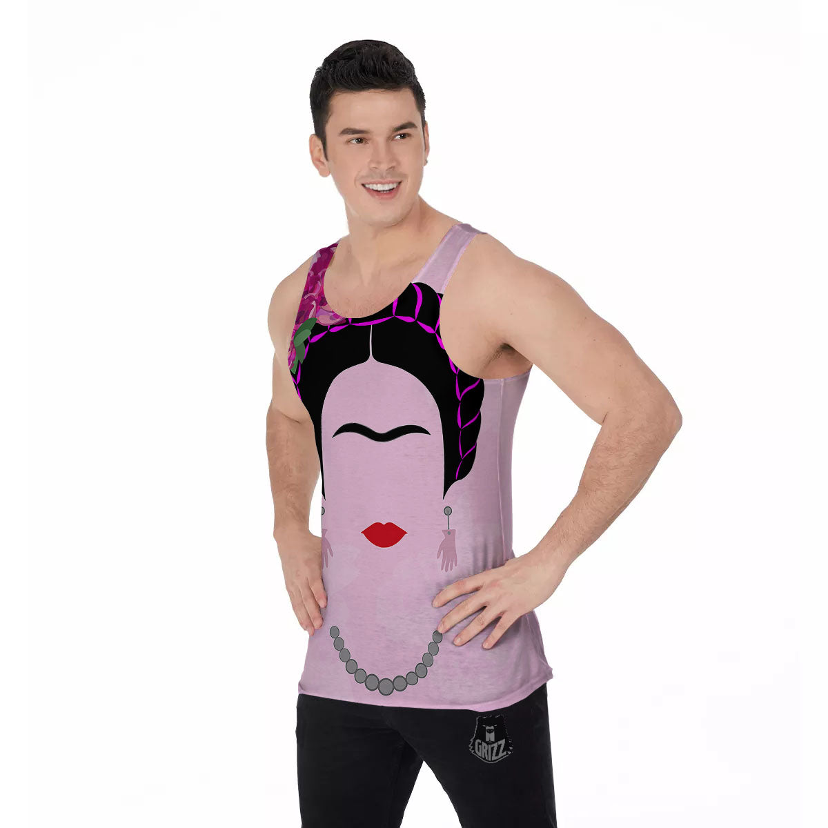 Pink Flower And Frida Kahlo Print Men's Tank Top-grizzshop