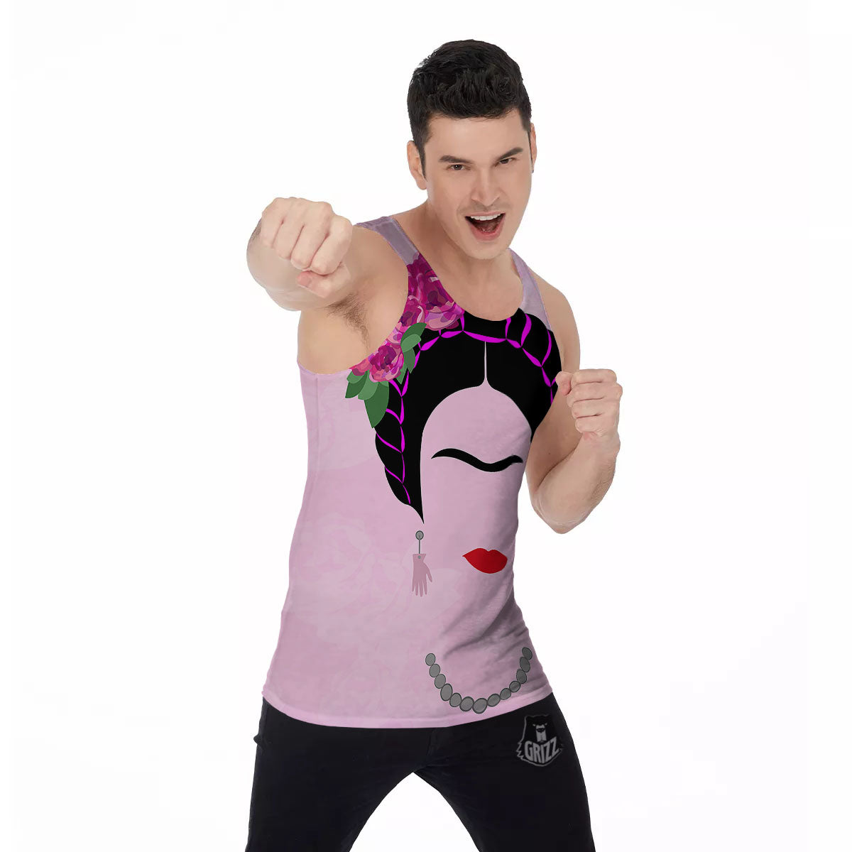 Pink Flower And Frida Kahlo Print Men's Tank Top-grizzshop