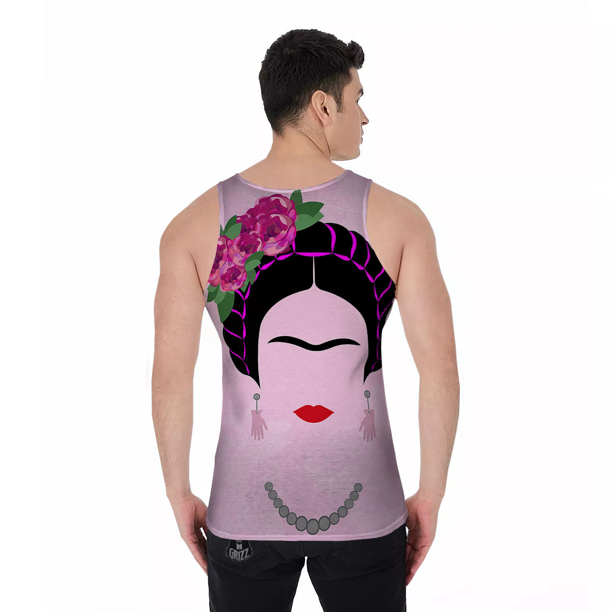 Pink Flower And Frida Kahlo Print Men's Tank Top-grizzshop