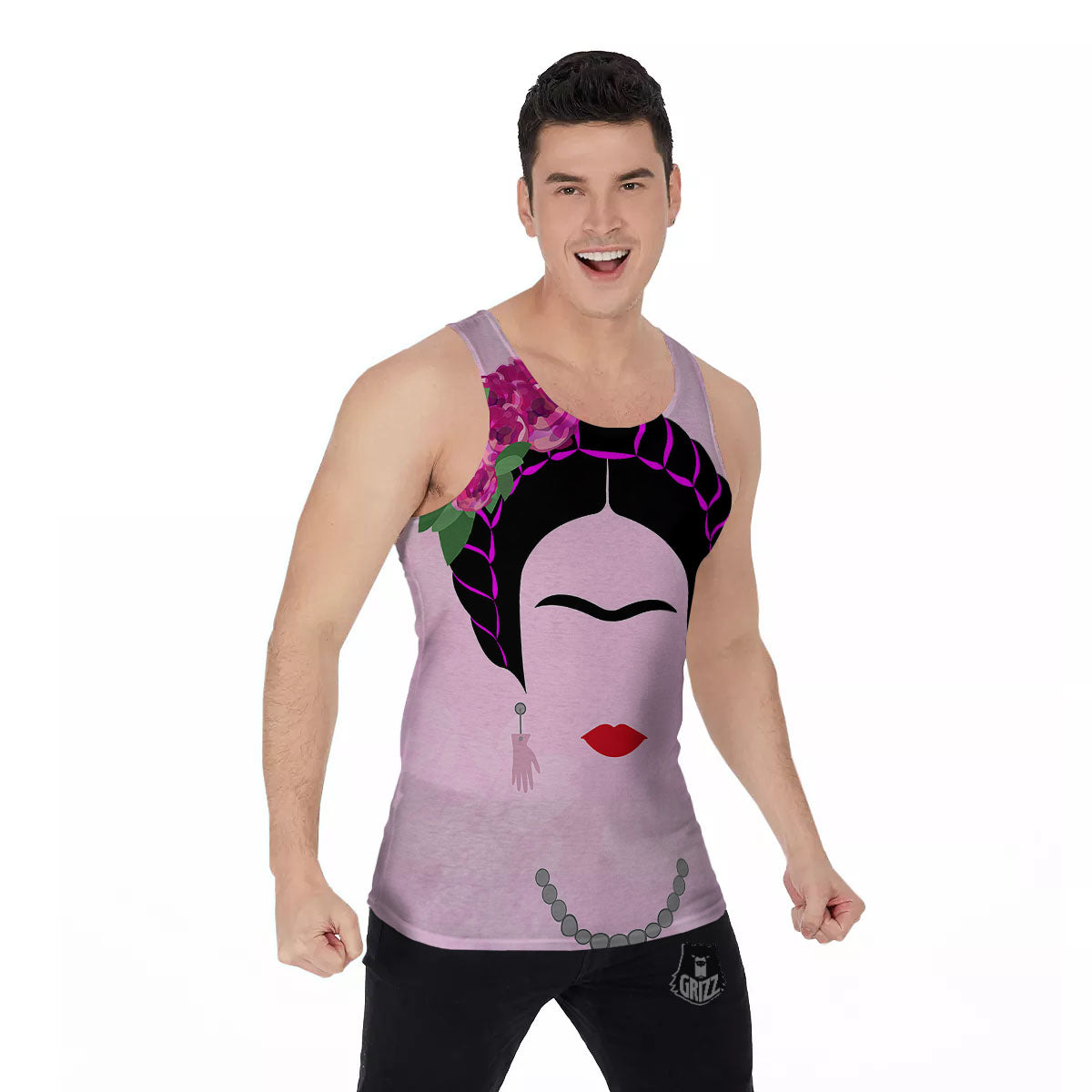 Pink Flower And Frida Kahlo Print Men's Tank Top-grizzshop