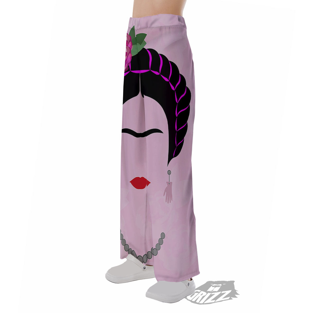 Pink Flower And Frida Kahlo Print Pajama Pants-grizzshop