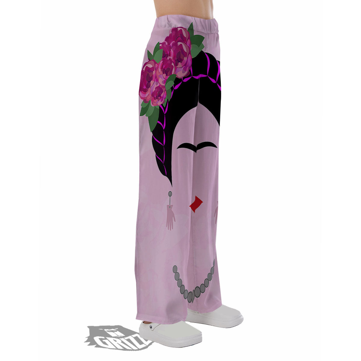 Pink Flower And Frida Kahlo Print Pajama Pants-grizzshop
