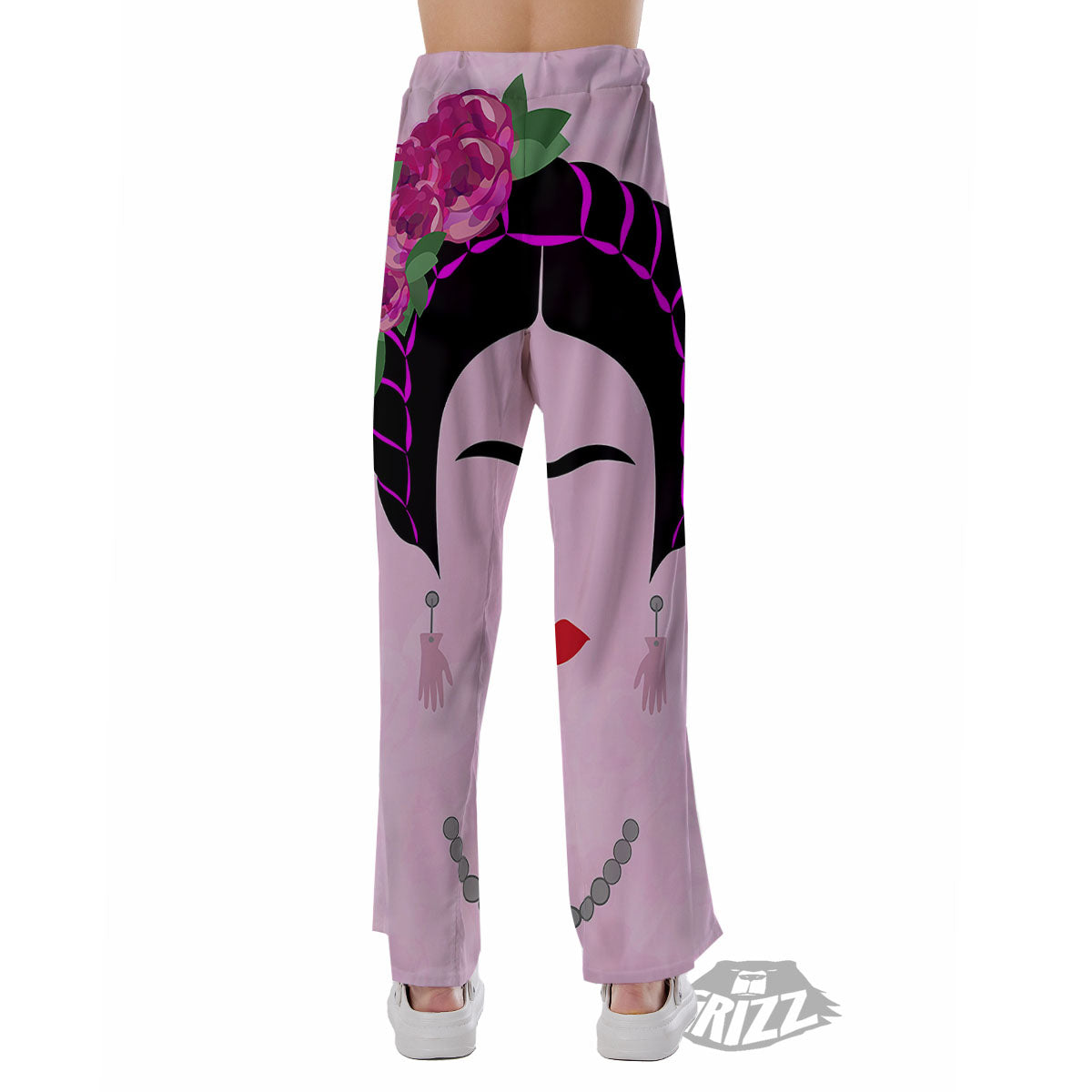 Pink Flower And Frida Kahlo Print Pajama Pants-grizzshop