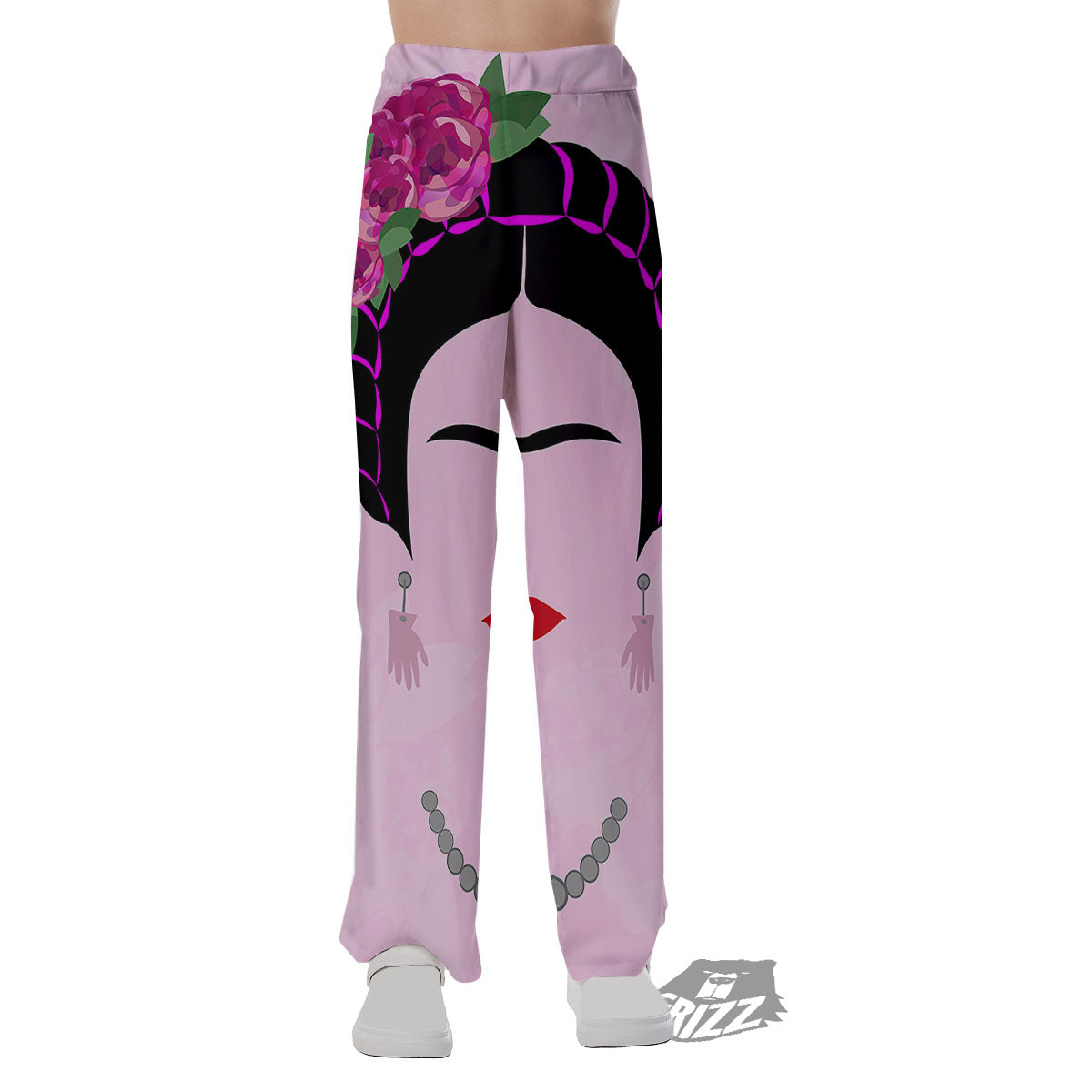 Pink Flower And Frida Kahlo Print Pajama Pants-grizzshop