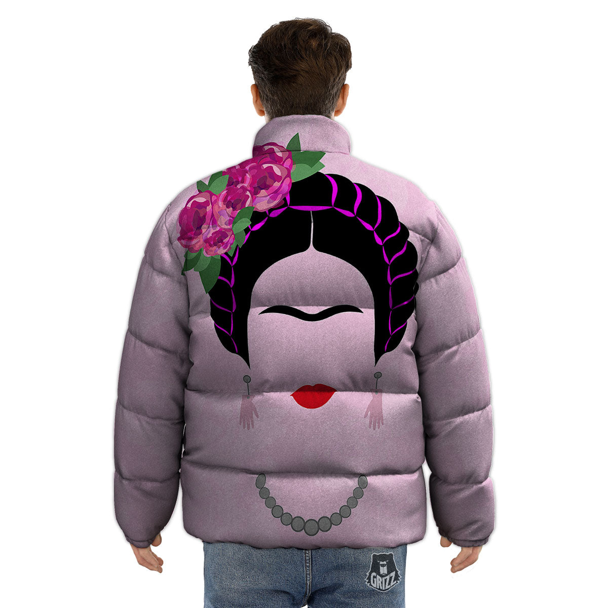 Pink Flower And Frida Kahlo Print Puffer Jacket-grizzshop