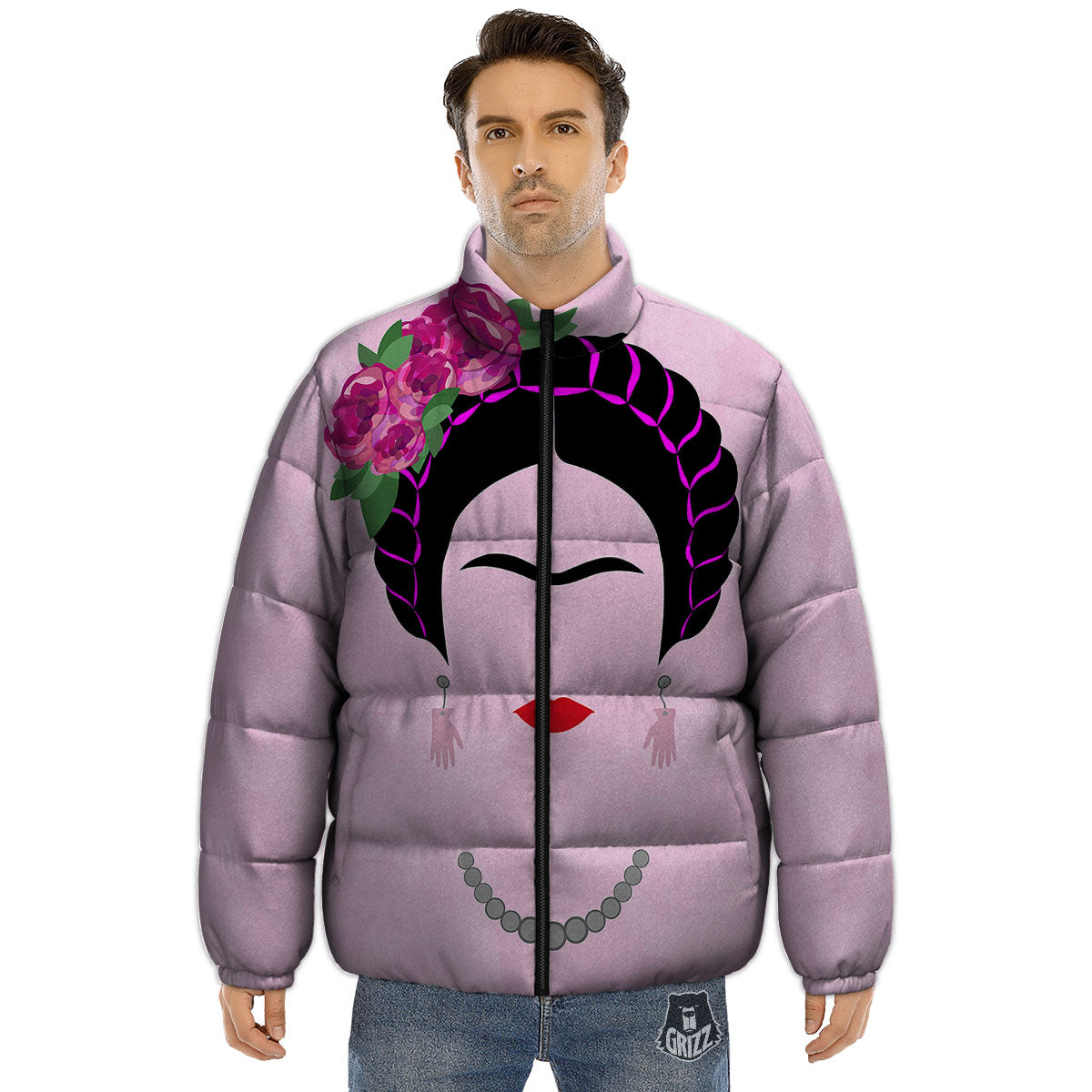 Pink Flower And Frida Kahlo Print Puffer Jacket-grizzshop