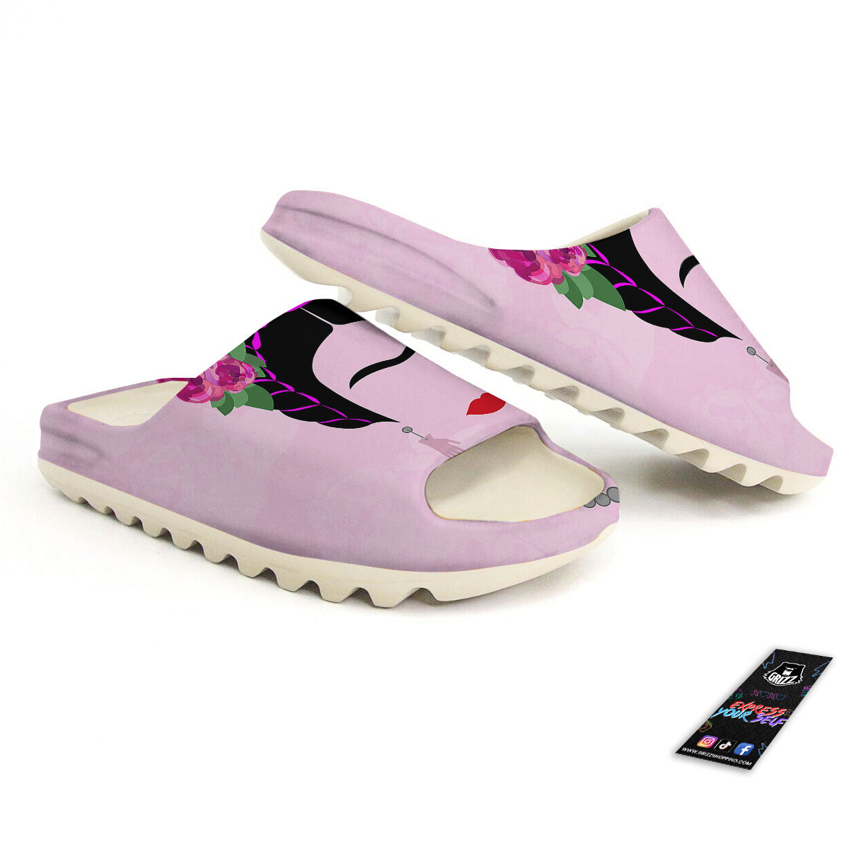 Pink Flower And Frida Kahlo Print Sandals-grizzshop