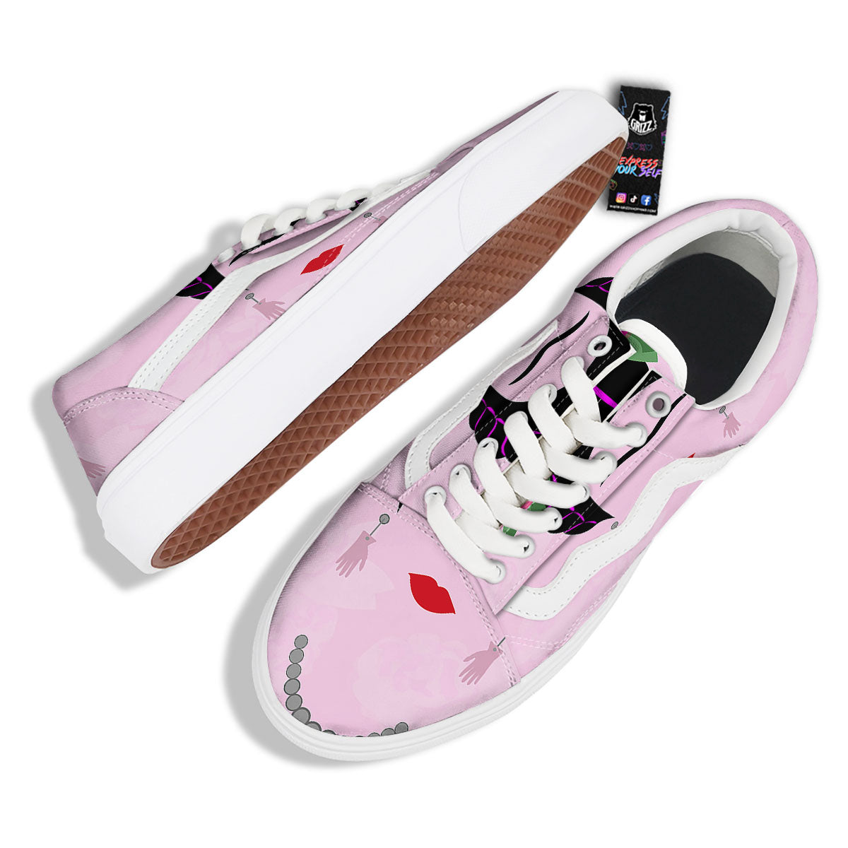 Pink Flower And Frida Kahlo Print Skate Shoes-grizzshop