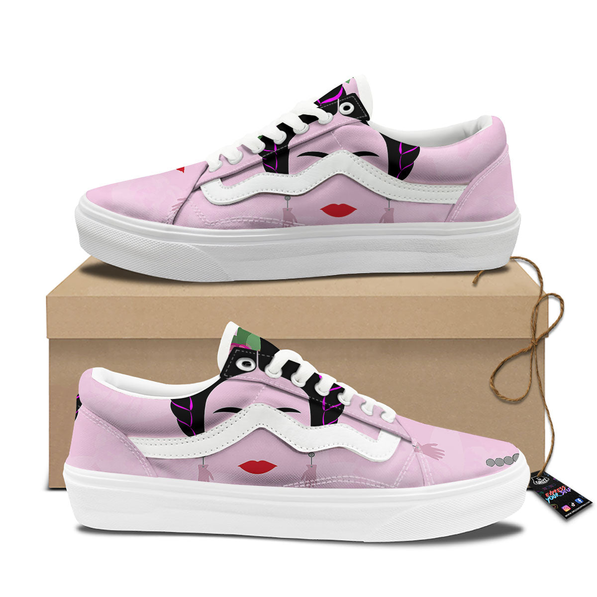 Pink Flower And Frida Kahlo Print Skate Shoes-grizzshop