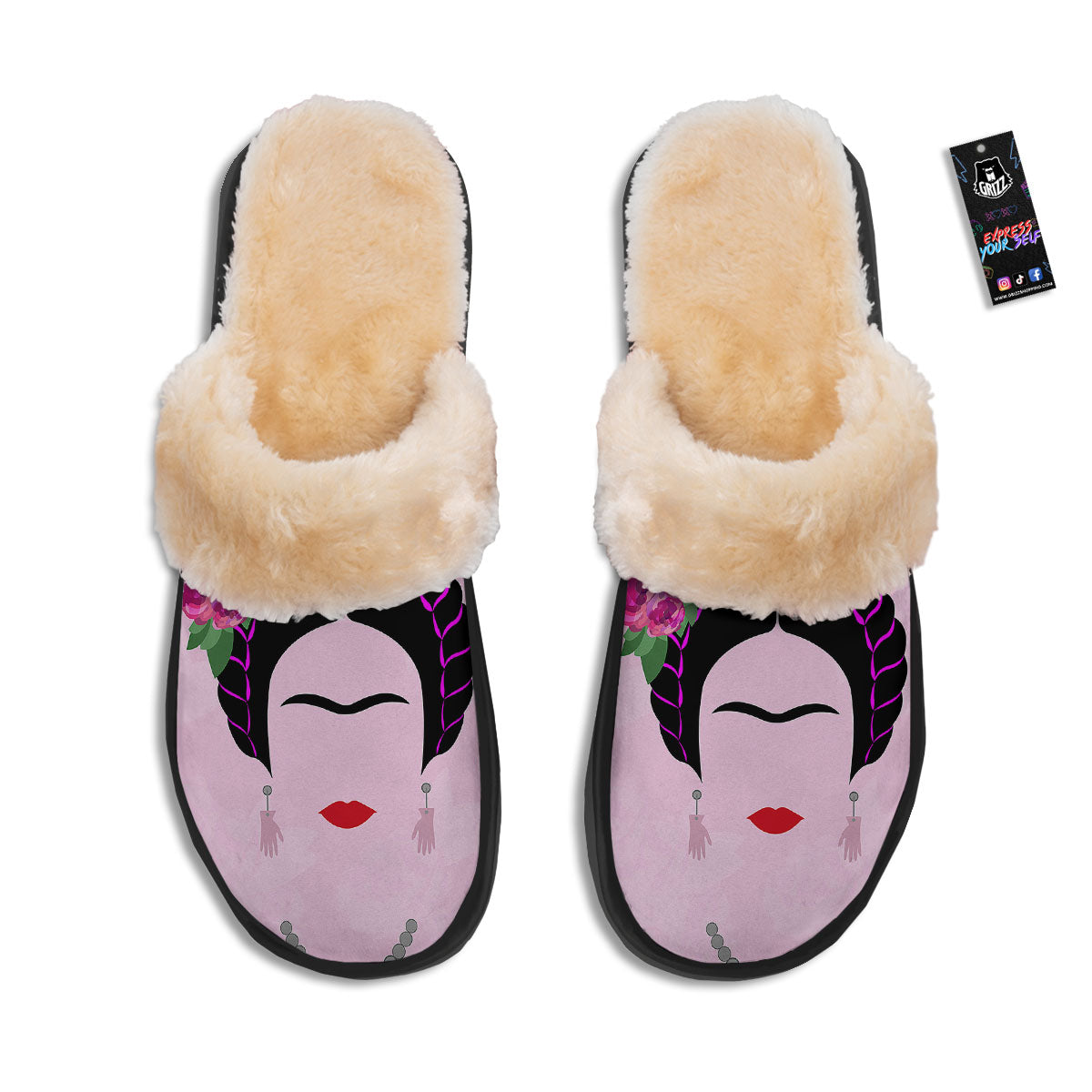 Pink Flower And Frida Kahlo Print Slippers-grizzshop