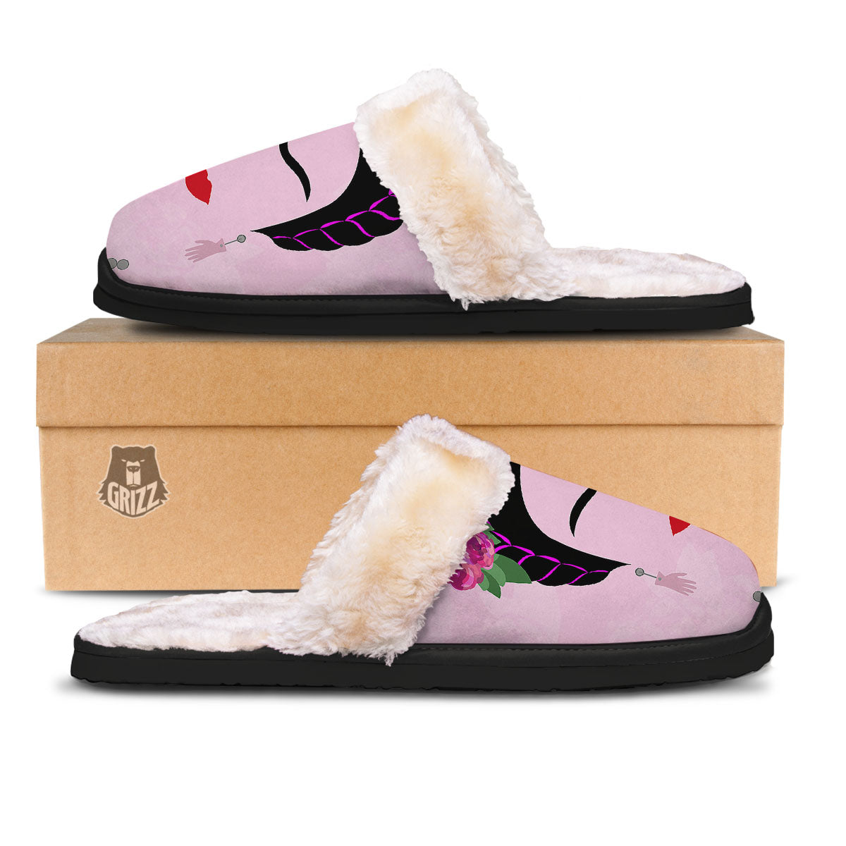 Pink Flower And Frida Kahlo Print Slippers-grizzshop