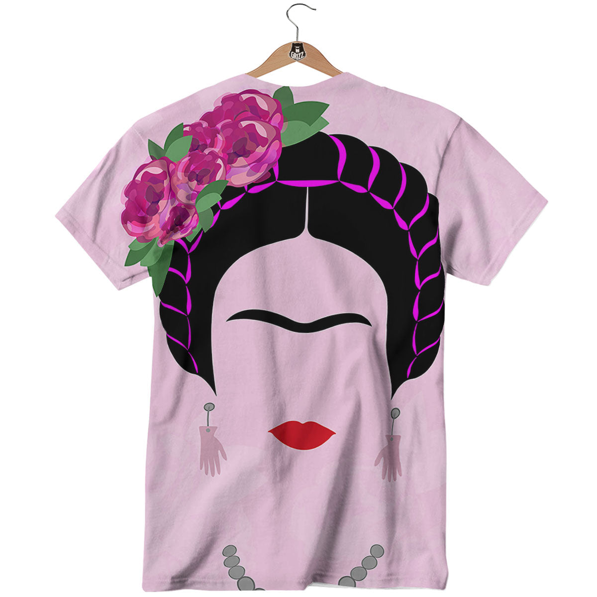 Pink Flower And Frida Kahlo Print T-Shirt-grizzshop