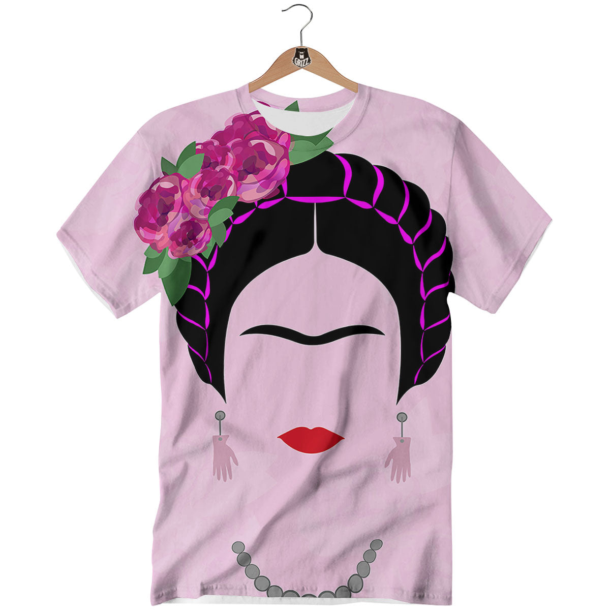 Pink Flower And Frida Kahlo Print T-Shirt-grizzshop