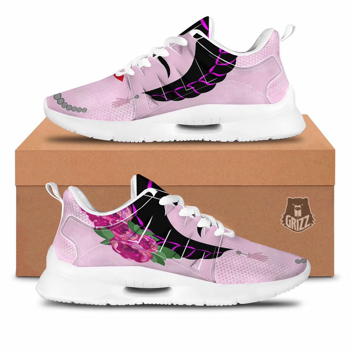Pink Flower And Frida Kahlo Print Tennis Shoes-grizzshop