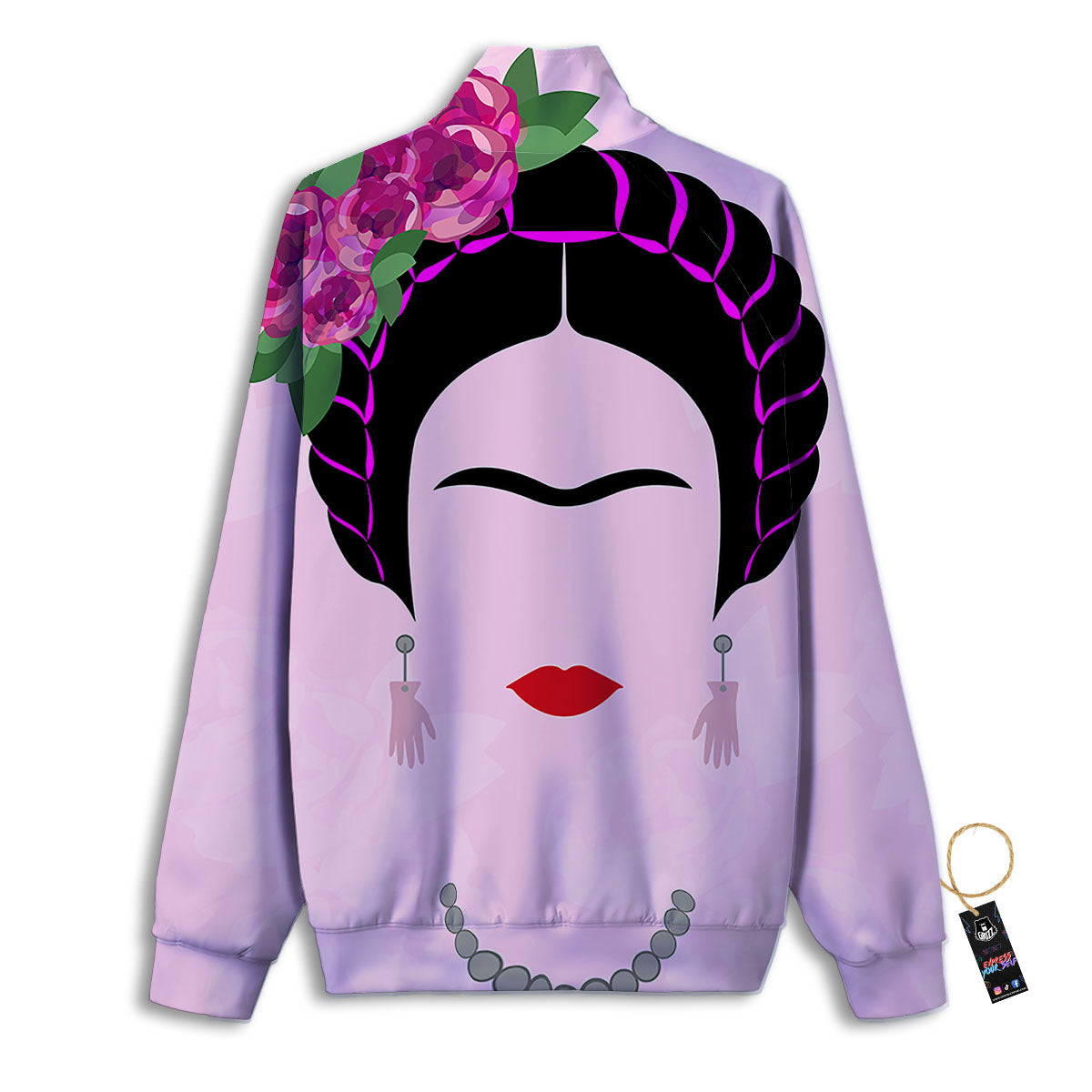 Pink Flower And Frida Kahlo Print Track Jacket-grizzshop