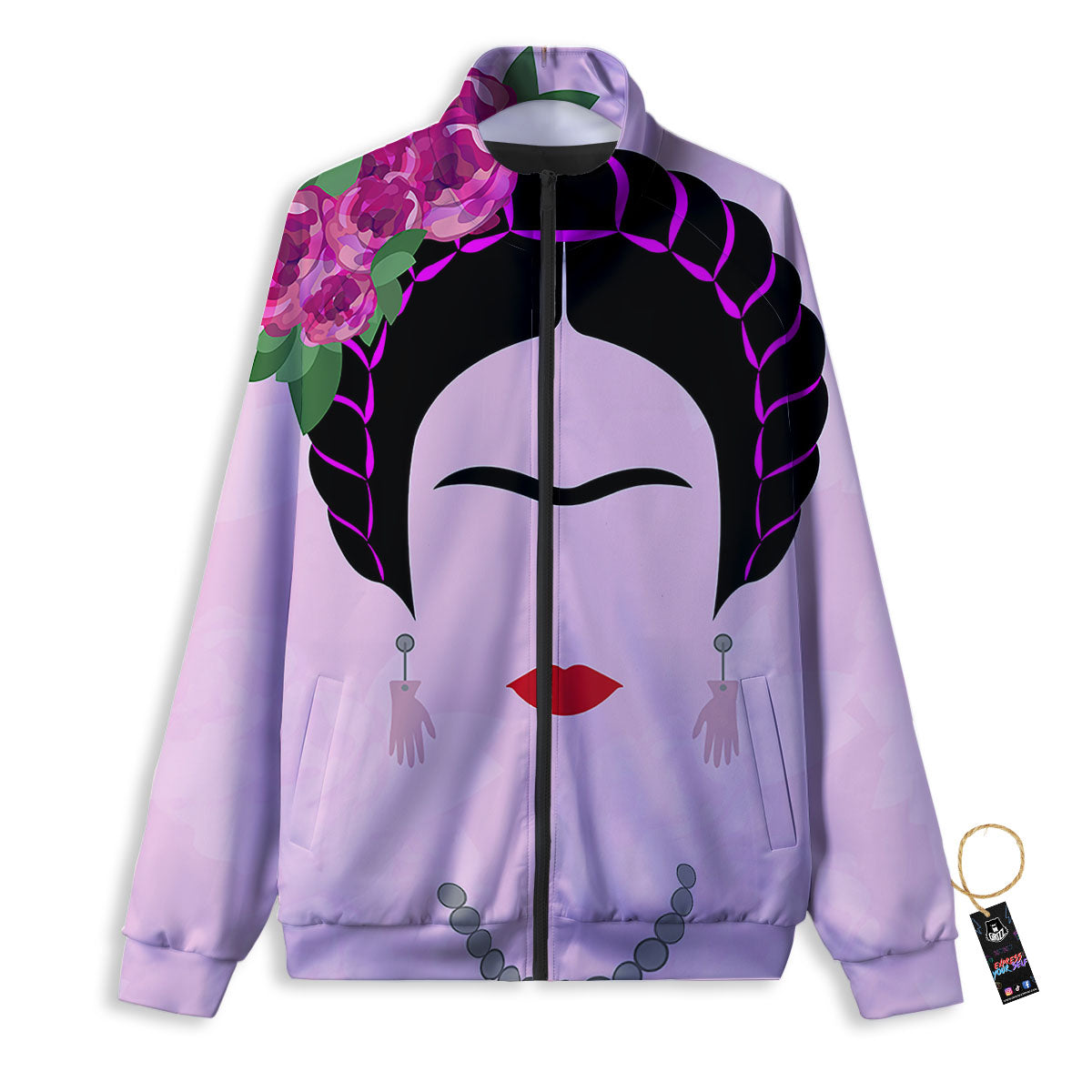 Pink Flower And Frida Kahlo Print Track Jacket-grizzshop