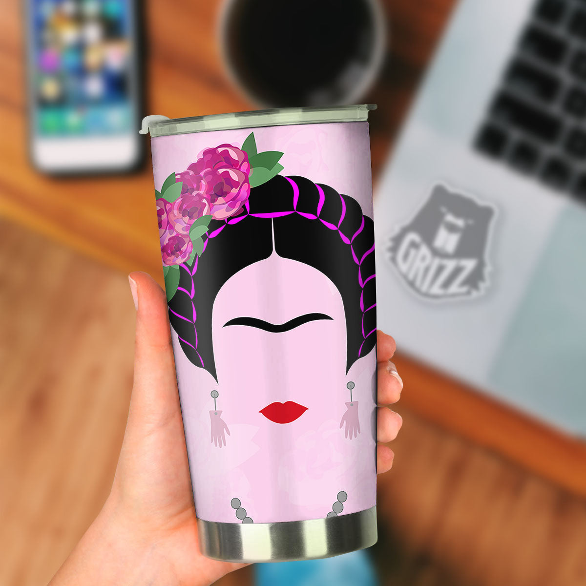 Pink Flower And Frida Kahlo Print Tumbler-grizzshop