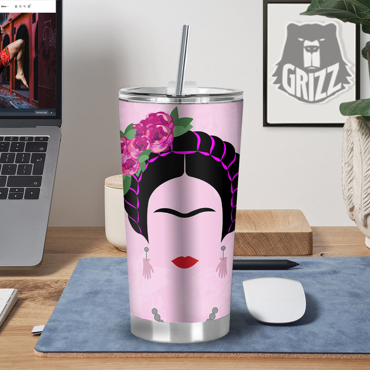 Pink Flower And Frida Kahlo Print Tumbler-grizzshop