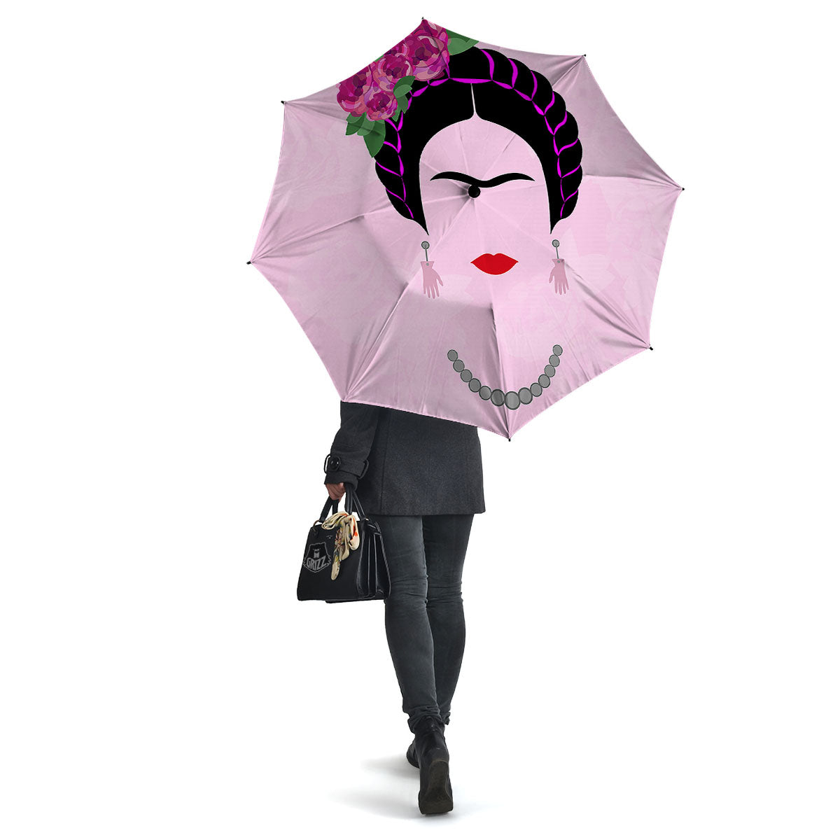 Pink Flower And Frida Kahlo Print Umbrella-grizzshop
