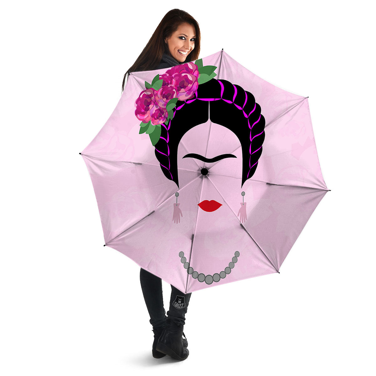 Pink Flower And Frida Kahlo Print Umbrella-grizzshop