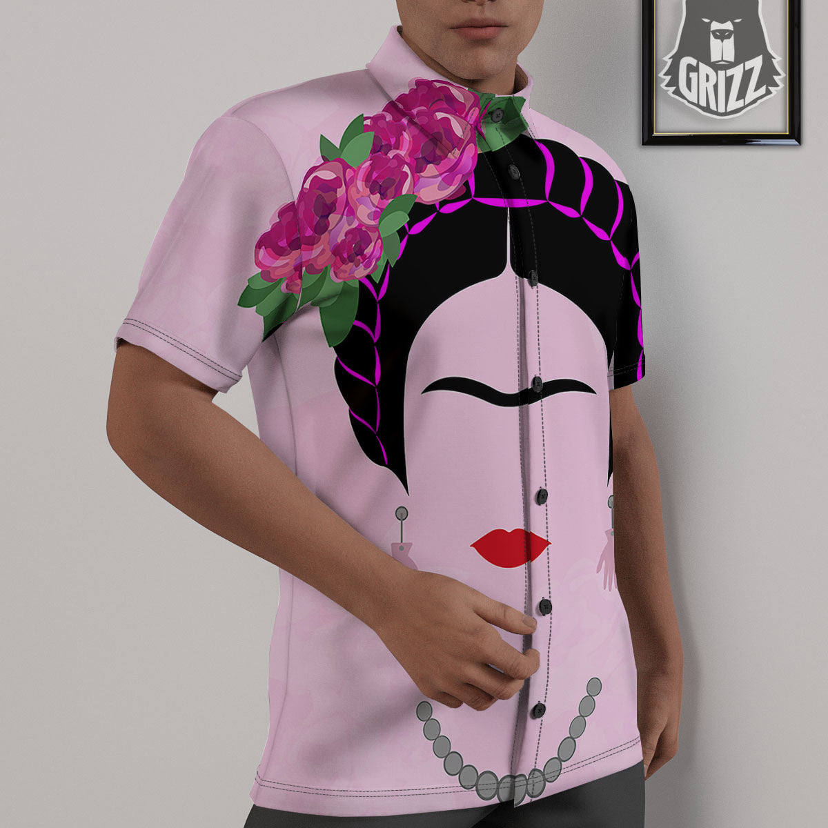 Pink Flower And Frida Kahlo Print Untucked Shirts-grizzshop